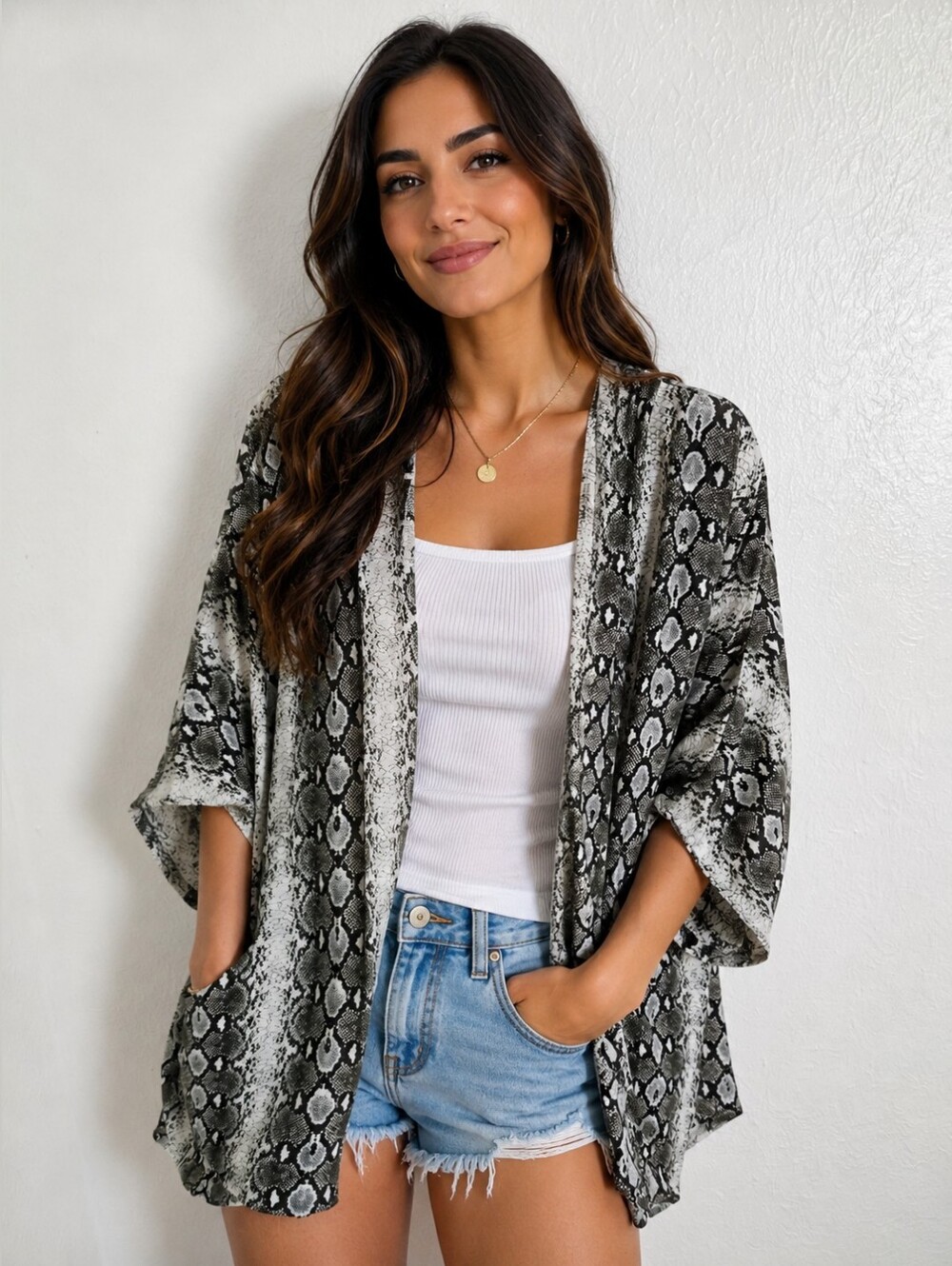 Adrienne Black & White Snake-Print Open Short Sleeve Kimono, OS